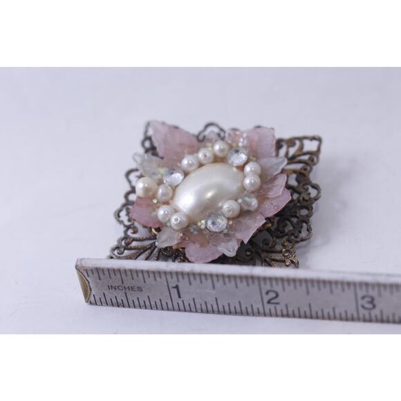 Pink Flower with White Pearls, Ornate Brooch, Floral Design, Eye-Catching, - Picture 3 of 4